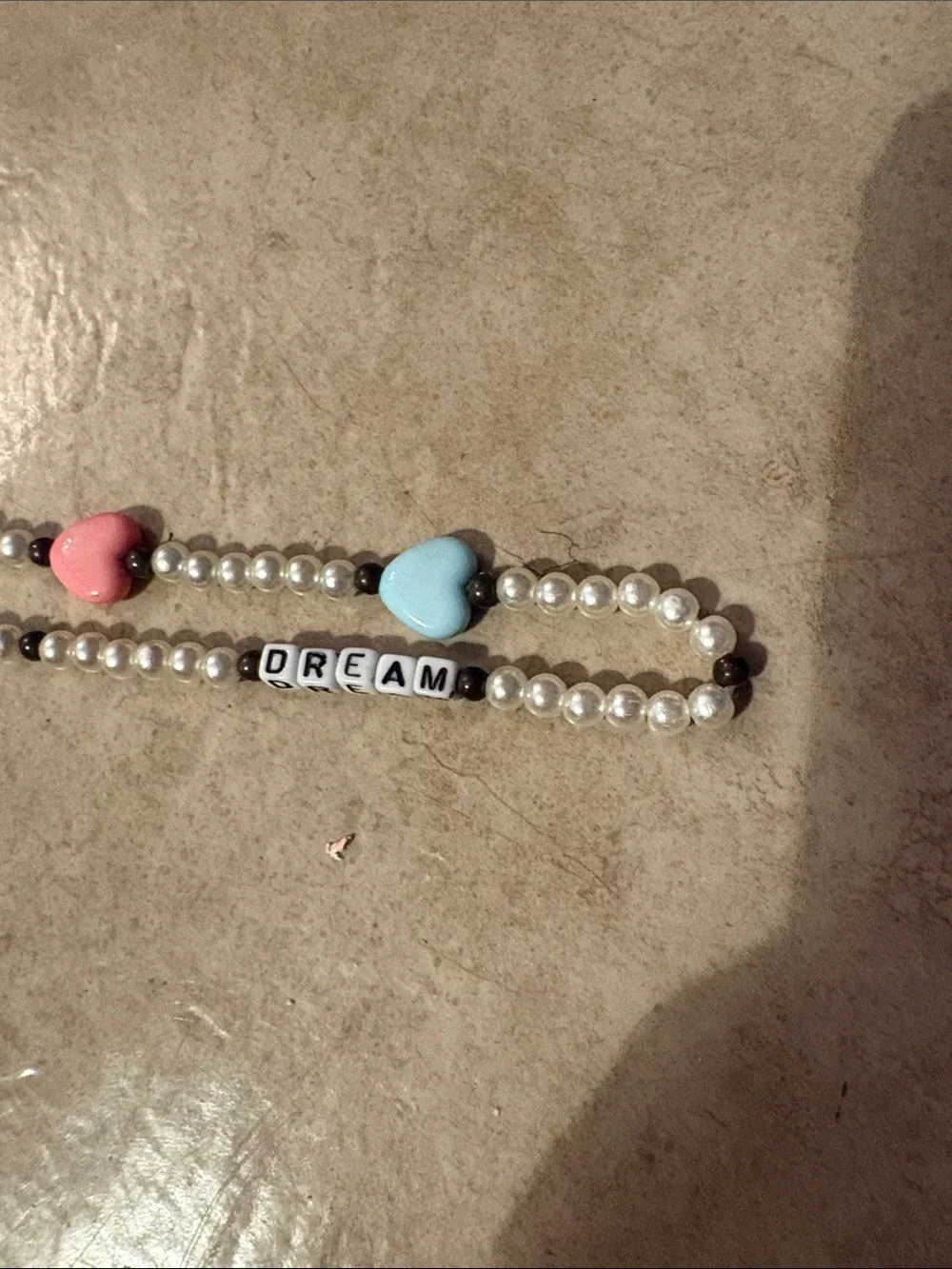 Handmade Pearl Beaded Keychain with Pink & Blue Hearts